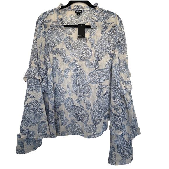 Torrid‎ Chiffon V-Neck Ruffle Top Bell Sleeve Minimalist Fairy Size M/L NWT - Picture 3 of 7